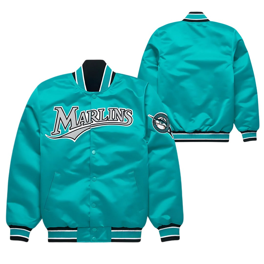 MLB Vintage Florida Marlins Teal Satin Bomber Jacket for Men & Women