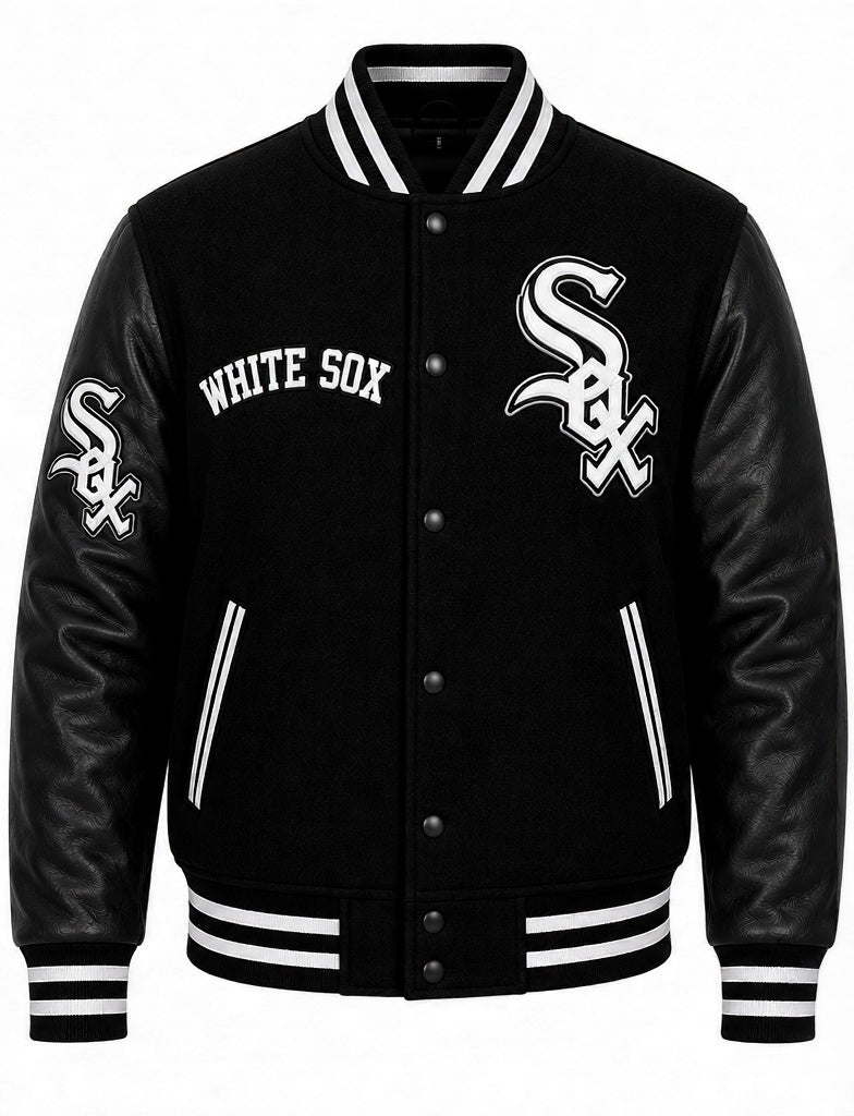A black varsity-style jacket with black leather-look sleeves, white striped ribbed collar, cuffs, and hem, featuring a large white Chicago White Sox 'Sox' logo on the left chest and right sleeve, and 'WHITE SOX' arched text on the right chest.