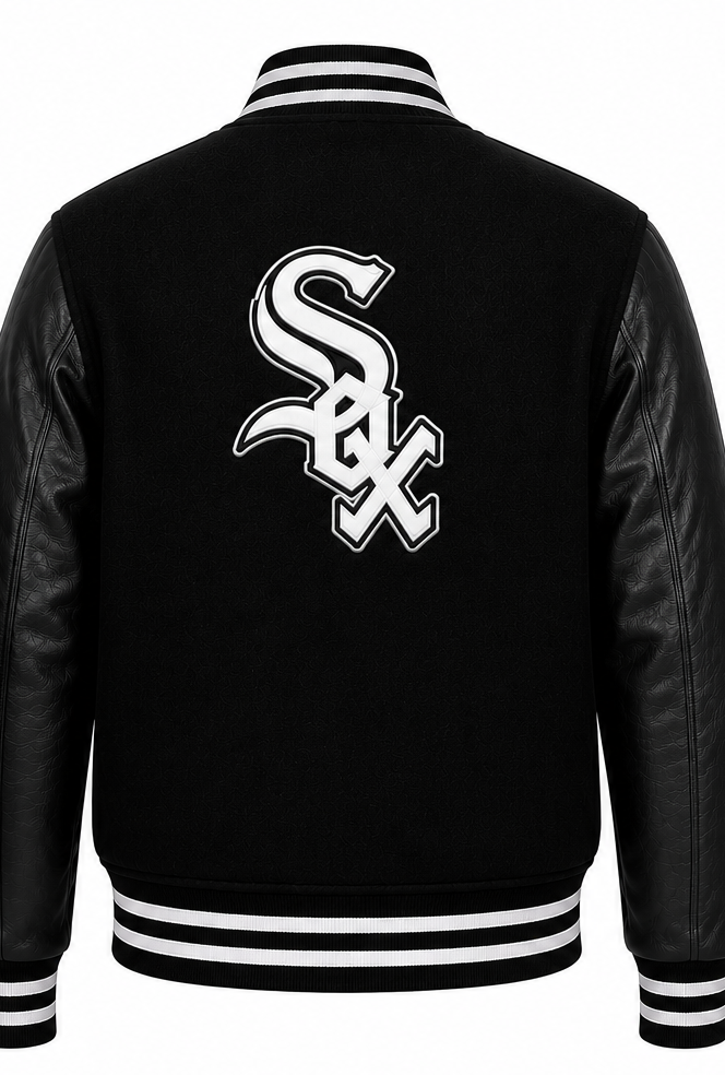 Black varsity jacket with black leather sleeves, white striped ribbed collar, cuffs, and hem, featuring a large white Chicago White Sox 'SOX' logo on the back.