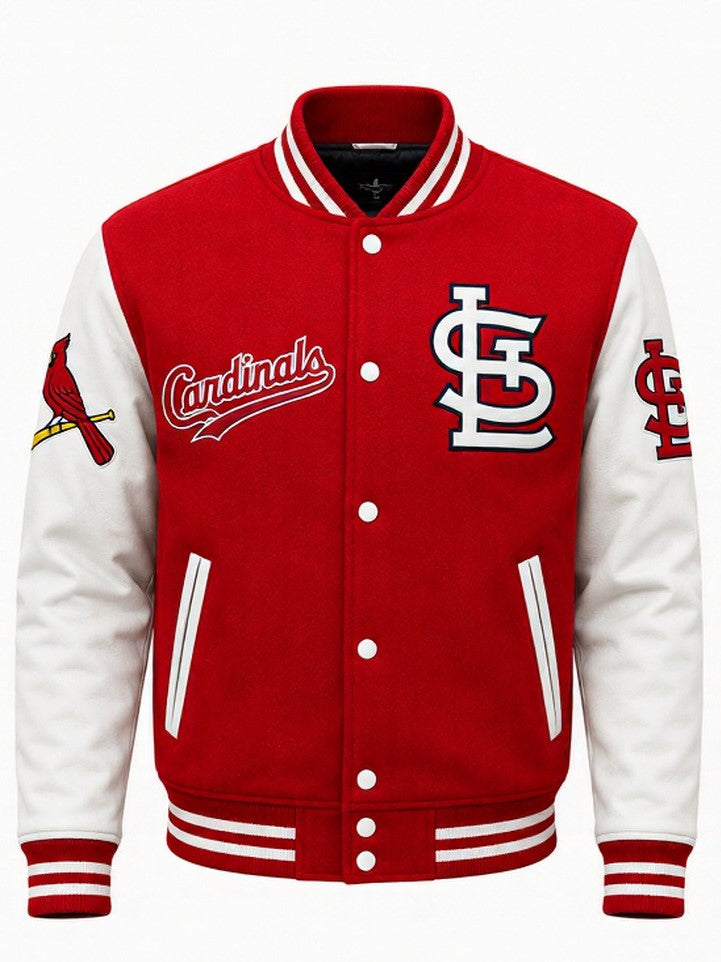 A red and white varsity jacket featuring the St. Louis Cardinals logo on the chest and sleeves, with a red cardinal graphic on the right sleeve.