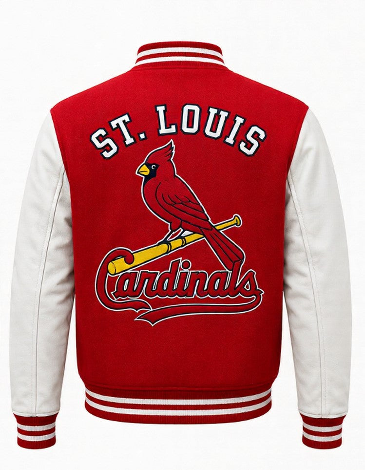Red and white varsity jacket shown from the back, featuring 'ST. LOUIS Cardinals' text and a red cardinal perched on a yellow bat.