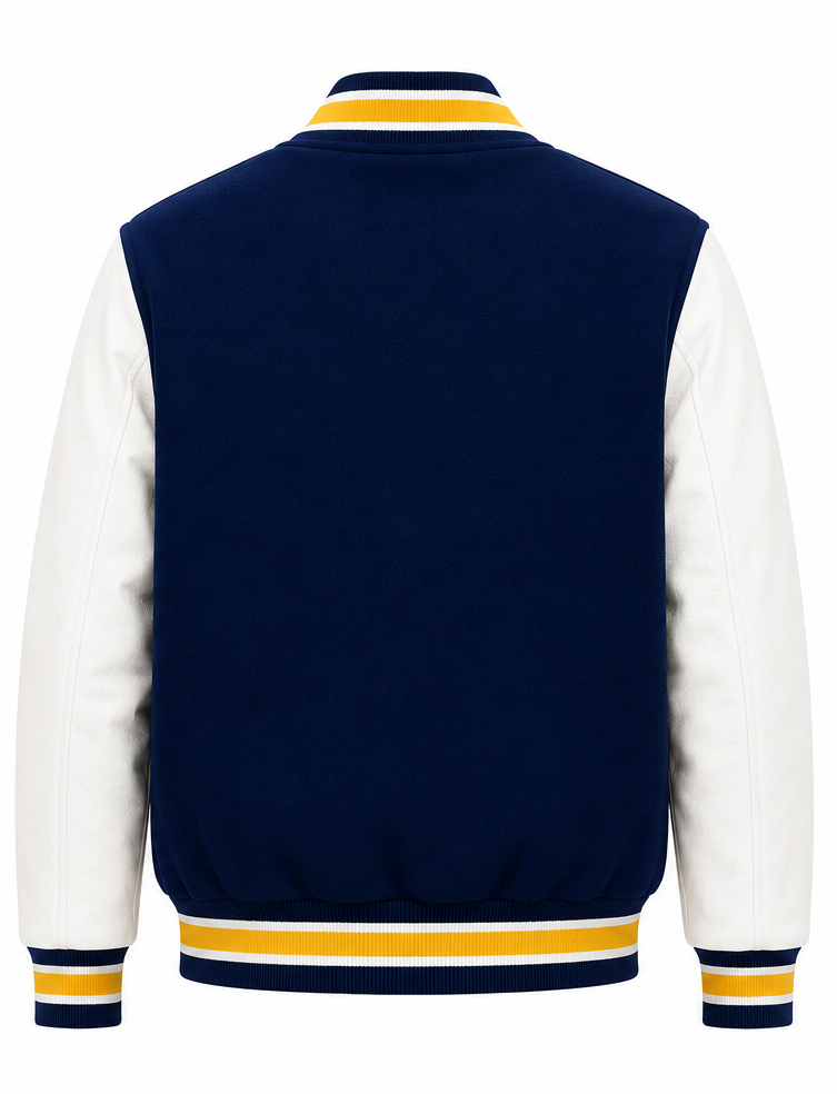 Back view of a varsity jacket with a navy blue body and white sleeves, featuring yellow and navy blue striped ribbing on the collar, cuffs, and hem.