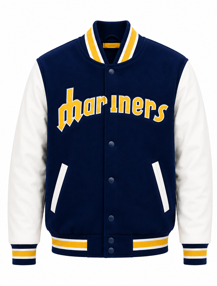 A navy blue and white varsity jacket with yellow accents, featuring the word 'Mariners' in yellow across the chest, set against a plain white background.