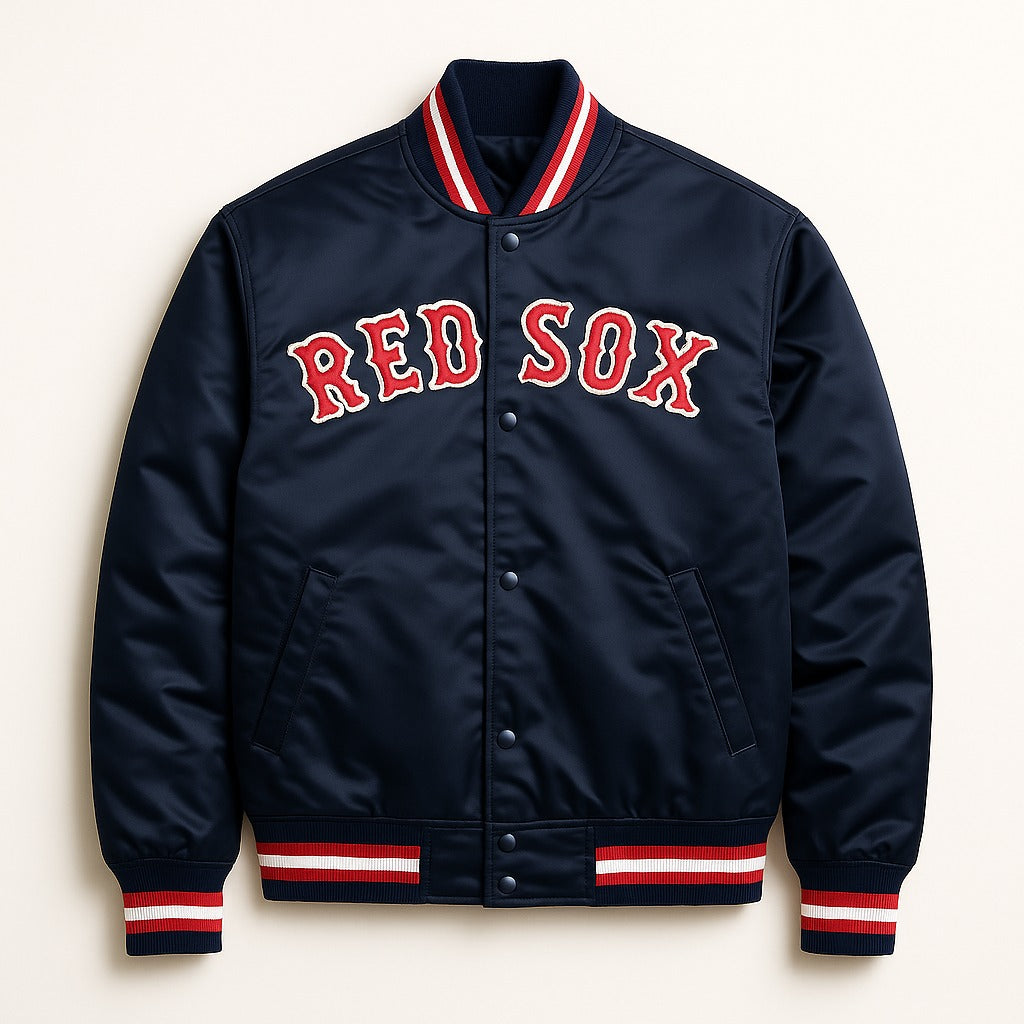 MLB Boston Red Sox Navy Blue Satin Bomber Jacket for Men & Women