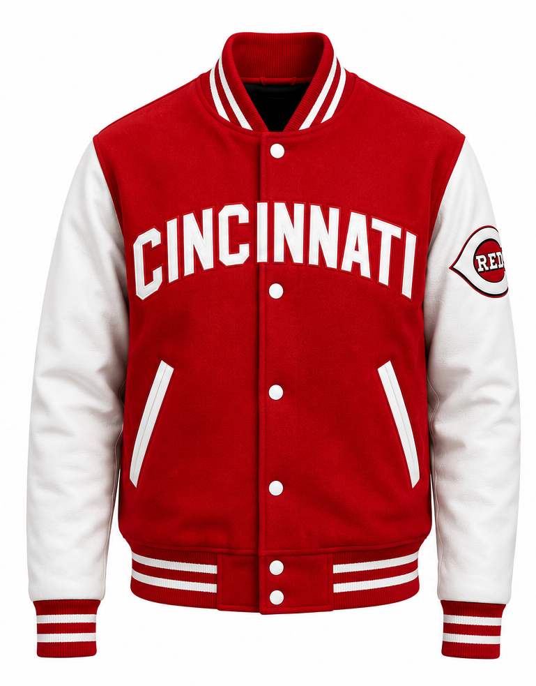 A red and white varsity jacket featuring 'CINCINNATI' in white block letters across the chest and a Cincinnati Reds logo patch on the left sleeve, shown against a plain white background.