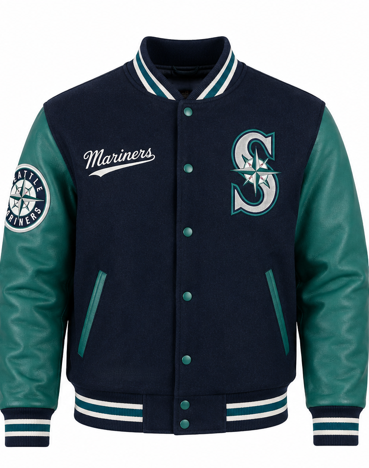 Seattle Mariners varsity jacket with a navy blue body, teal sleeves, and white and teal ribbed trim. Features the Mariners logo on the left chest, 'Mariners' script on the right chest, and a team patch on the right sleeve.