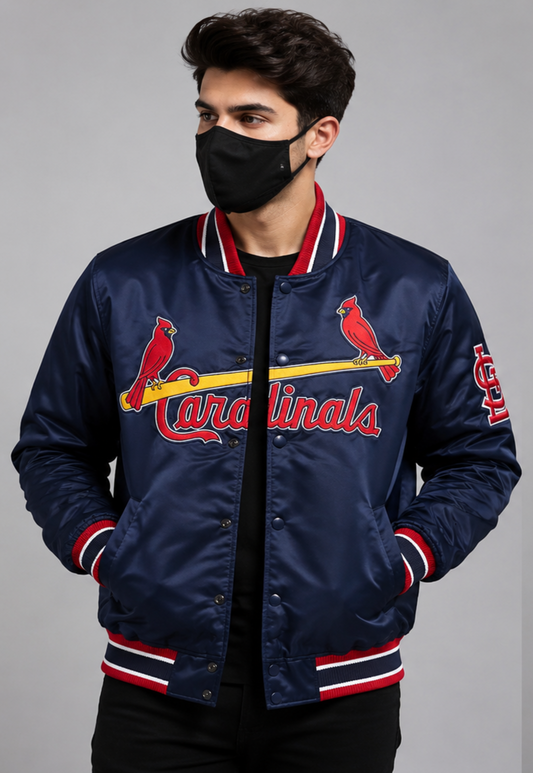 MLB St. Louis Cardinals Navy Blue Satin Bomber Jacket for Men & Women