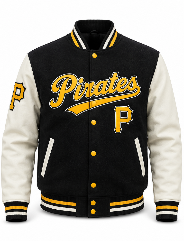 A black and off-white varsity jacket featuring 'Pirates' in yellow script across the chest, with a yellow 'P' logo on the left chest and sleeve.
