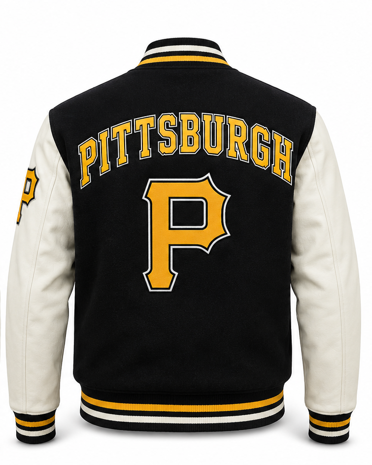 Black and cream varsity jacket shown from the back, featuring 'PITTSBURGH' and a large 'P' in yellow with white and black outlines.