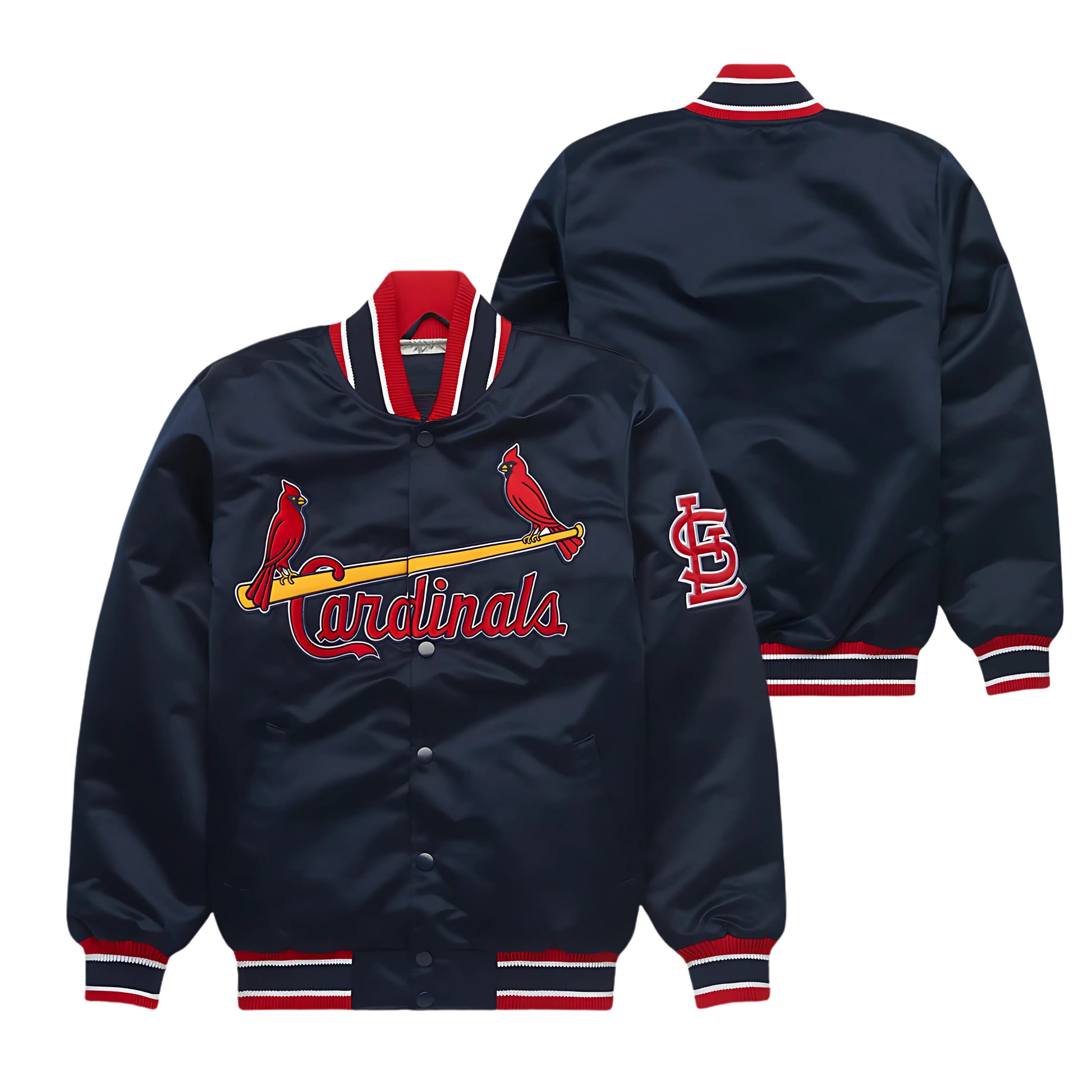 MLB St. Louis Cardinals Navy Blue Satin Bomber Jacket for Men & Women