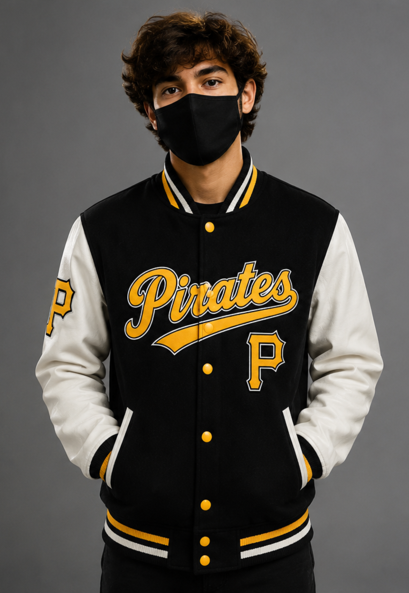 A young man wearing a black and white varsity jacket with 'Pirates' and 'P' graphics, paired with a black face mask, against a solid gray studio background.
