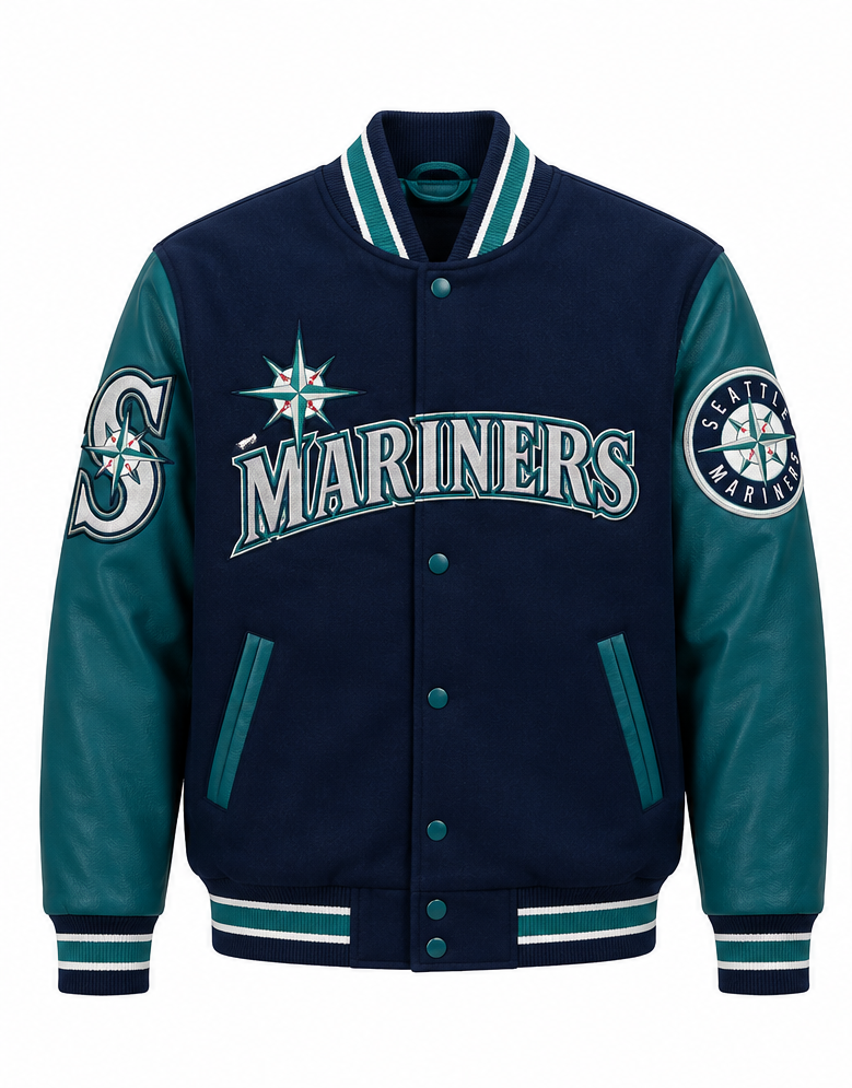 Seattle Mariners varsity jacket in navy and teal with white lettering and trim, featuring a button-front closure, ribbed collar, cuffs, and hem, and team logos on the chest and sleeves.