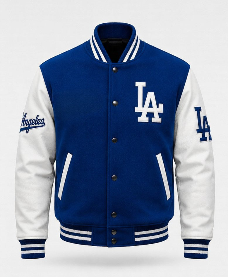 A blue and white varsity jacket featuring the Los Angeles Dodgers 'LA' logo on the chest and sleeve, with 'Angels' script on the other sleeve, shown against a light gray background.