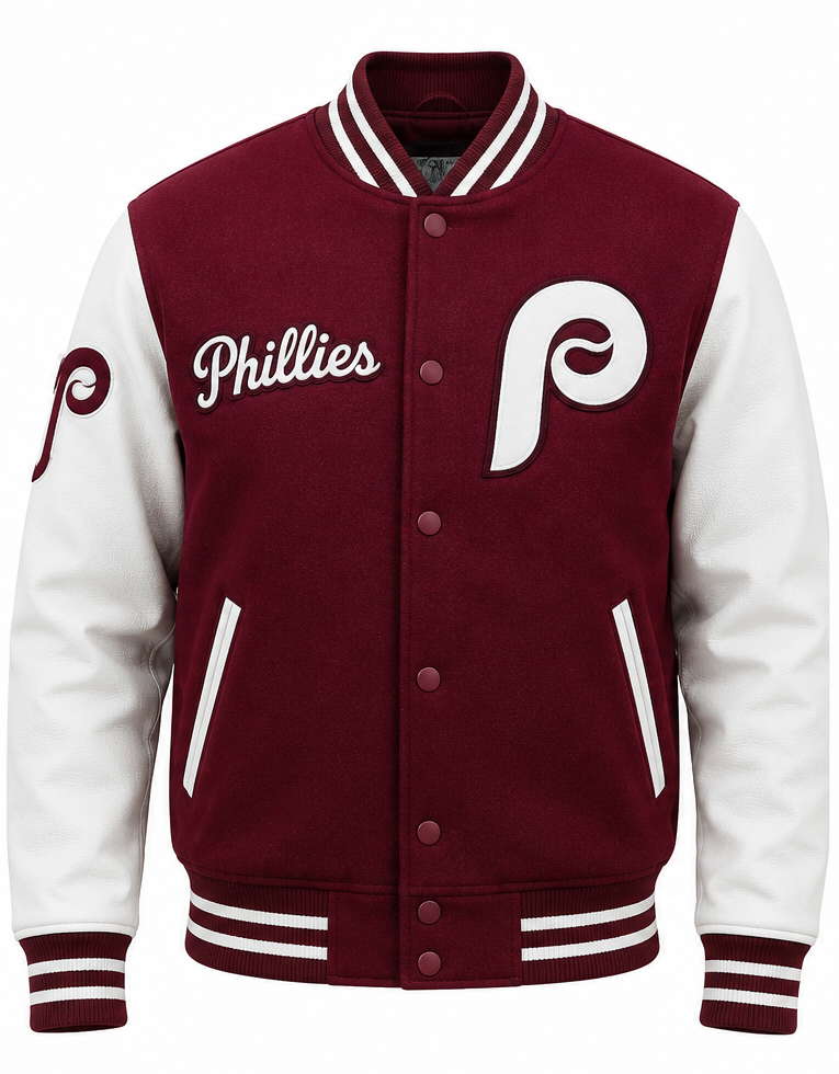 A Philadelphia Phillies varsity jacket with a maroon body and white sleeves, featuring embroidered 'Phillies' script and a large white 'P' logo on the chest.