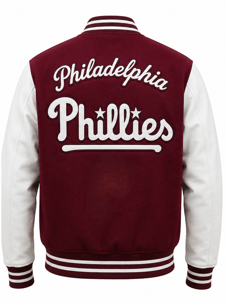 A maroon and white varsity jacket shown from the back, featuring 'Philadelphia Phillies' in white script and block lettering across the upper back.