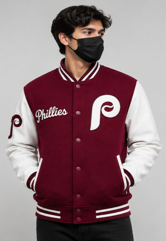 A man wearing a Philadelphia Phillies varsity jacket with a Maroon fleece body and white sleeves, paired with a black face mask, against a solid gray background.