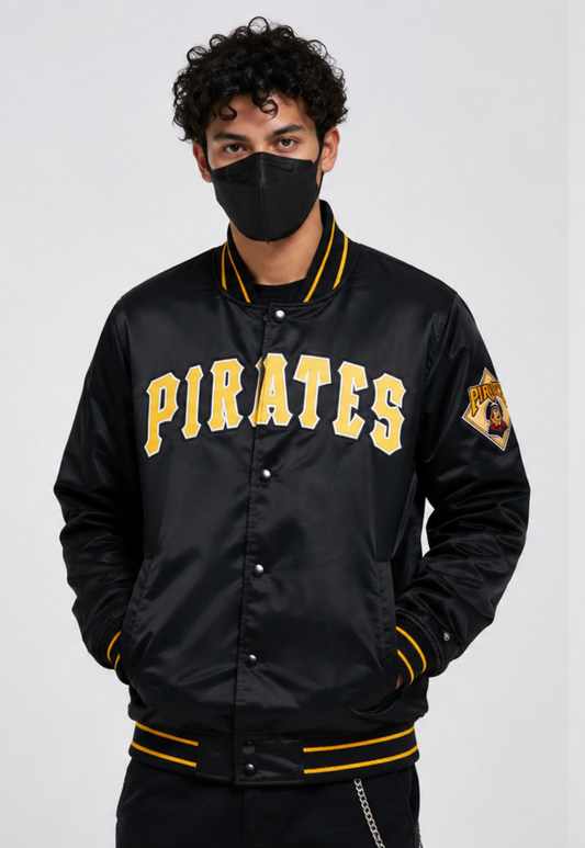 MLB Pittsburgh Pirates Black Satin Bomber Jacket for Men & Women