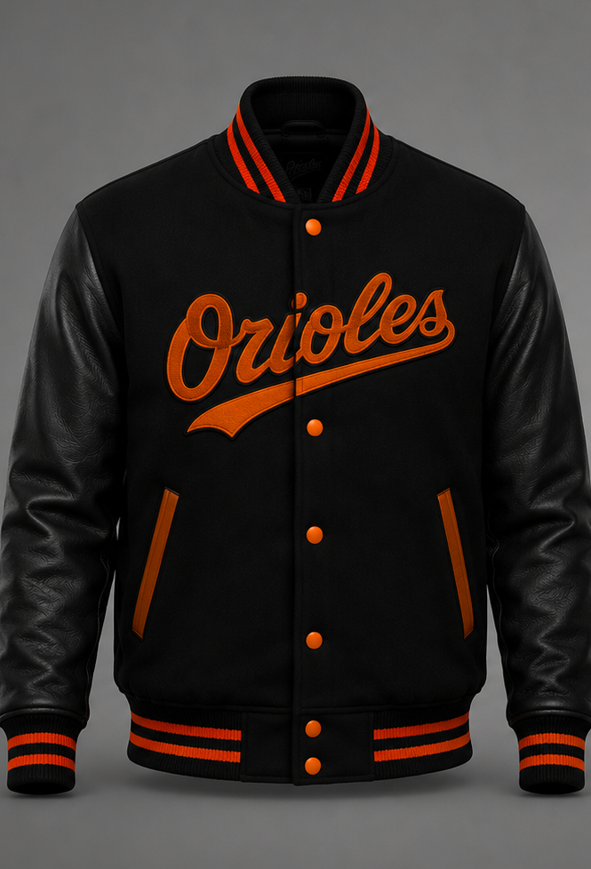 A black varsity-style jacket with black leather sleeves, featuring orange and black striped ribbed collar, cuffs, and hem. The front has orange buttons and a large orange 'Orioles' script logo across the chest.