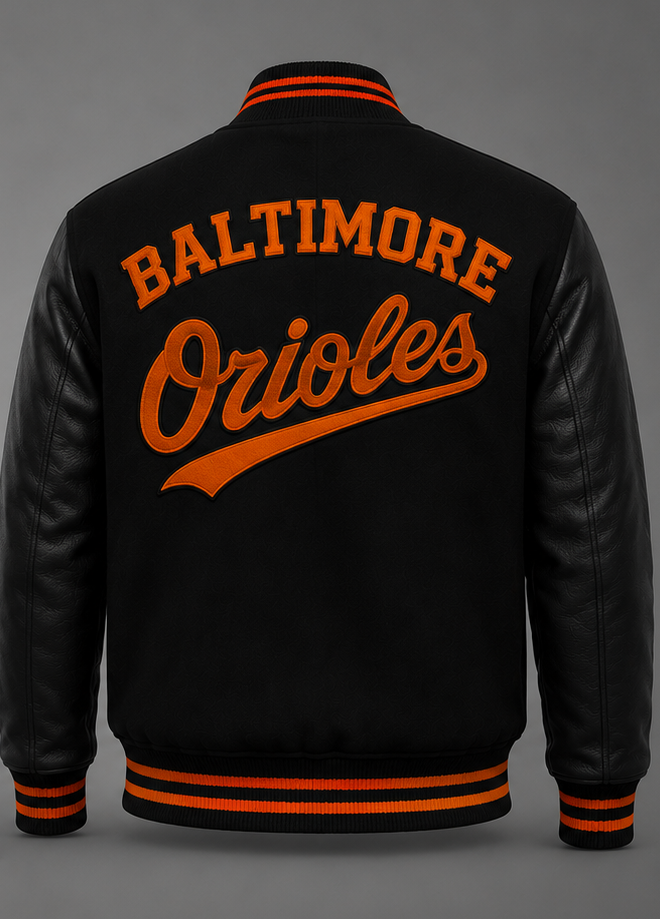 Black varsity-style jacket shown from the back with orange lettering reading 'BALTIMORE Orioles' and orange stripe accents on the collar, cuffs, and hem, photographed on a dark gray background.