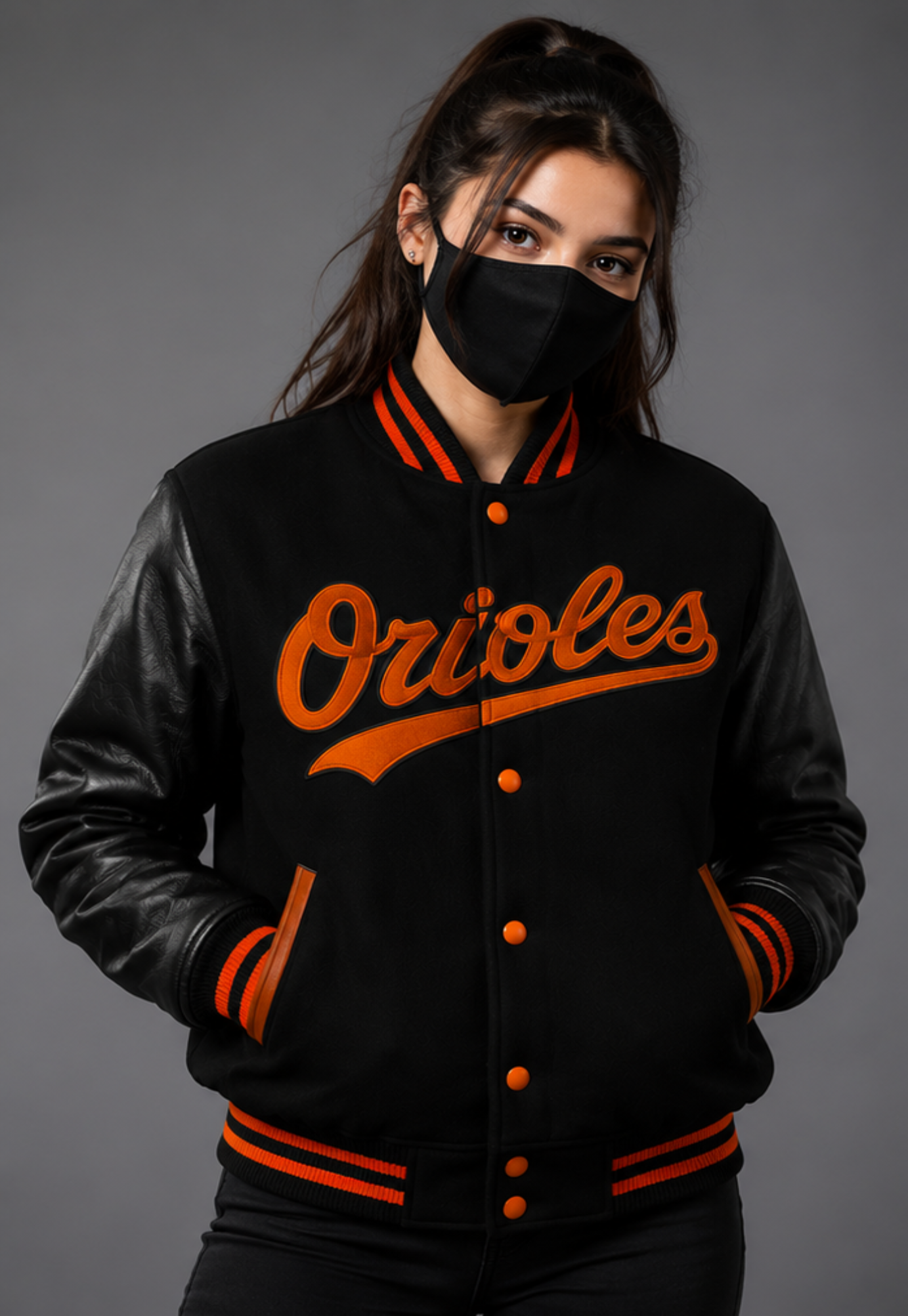 A woman wearing a black varsity-style jacket with black leather sleeves, orange striped ribbing, and orange 'Orioles' lettering on the front, photographed against a dark gray studio background.