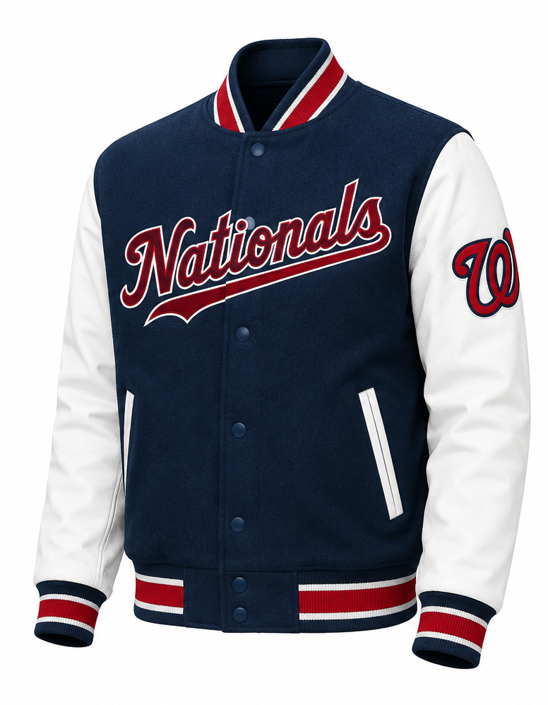A navy blue and white varsity-style jacket with 'Nationals' written in red script across the chest and a red-and-white 'W' on the sleeve, shown on a plain white background.