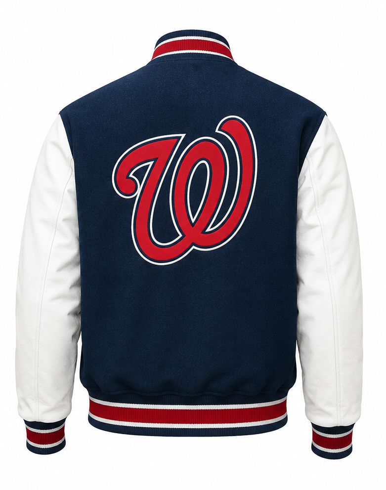A navy blue and white varsity jacket shown from the back, featuring a large red and white stylized 'W' logo on the back. The jacket has white sleeves, a navy blue body, and striped ribbed collar, cuffs, and hem.