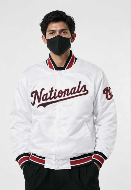 MLB Washington Nationals White Satin Bomber Jacket for Men & Women