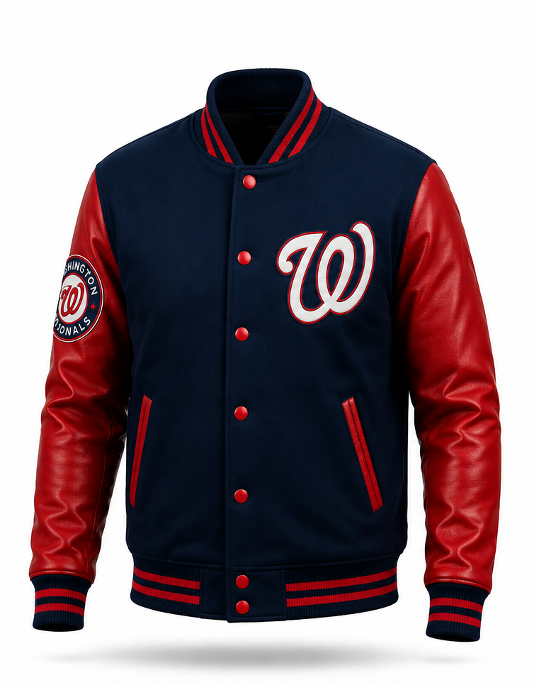 A navy and red varsity-style jacket with a large white outlined 'W' on the chest, red leather-look sleeves, red buttons, and a Washington Nationals patch on the sleeve, shown on a white background.