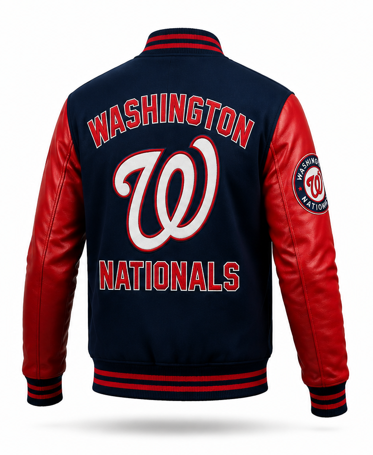 Back view of a Washington Nationals varsity jacket with navy blue body, red leather sleeves, and red and white lettering on a white background.