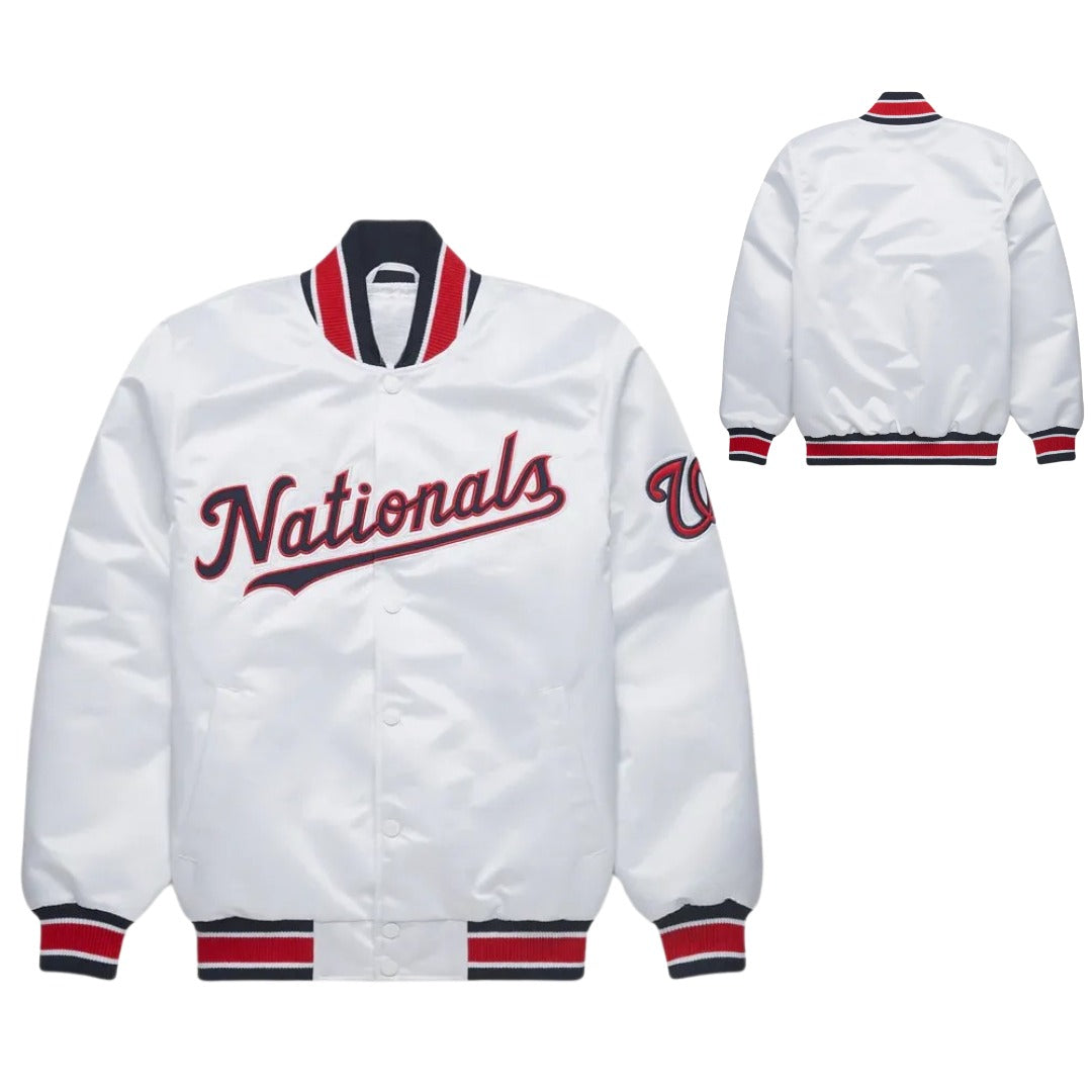MLB Washington Nationals White Satin Bomber Jacket for Men & Women