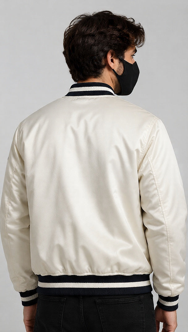 MLB New York Yankees Cream Satin Bomber Jacket for Men & Women