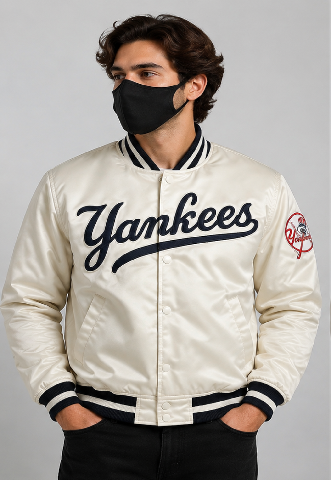 MLB New York Yankees Cream Satin Bomber Jacket for Men & Women