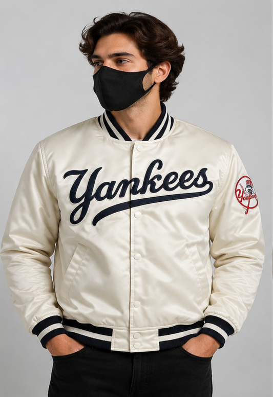 MLB New York Yankees Cream Satin Bomber Jacket for Men & Women