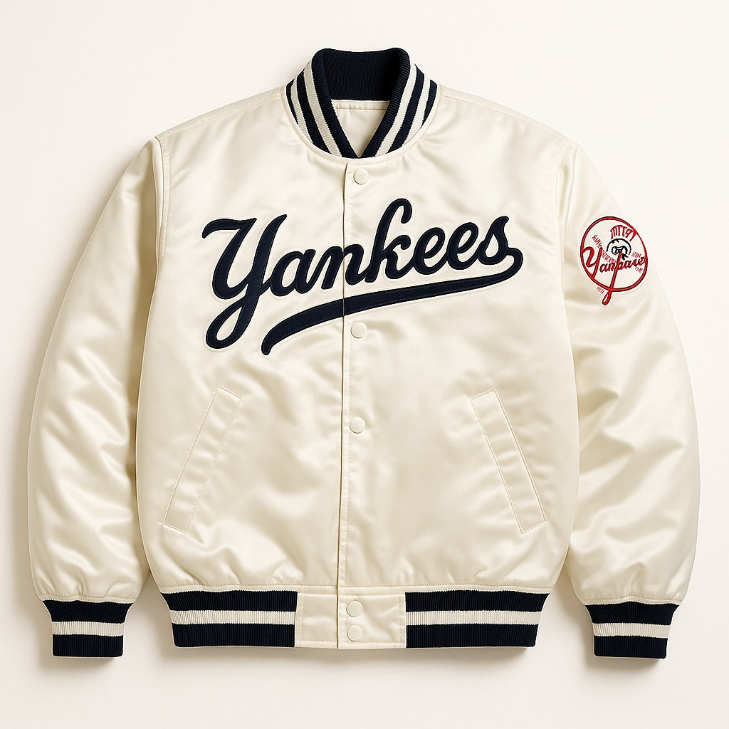 MLB New York Yankees Cream Satin Bomber Jacket for Men & Women