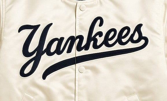 MLB New York Yankees Cream Satin Bomber Jacket for Men & Women