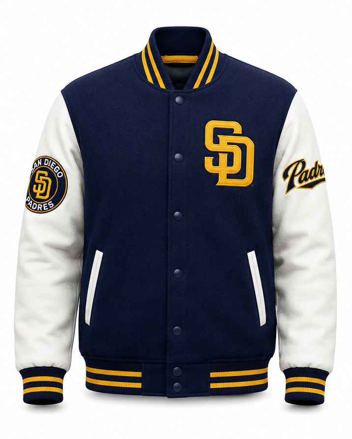 A San Diego Padres varsity jacket with a navy blue body, white sleeves, and yellow accents, featuring the team logo on the chest and sleeve patches.