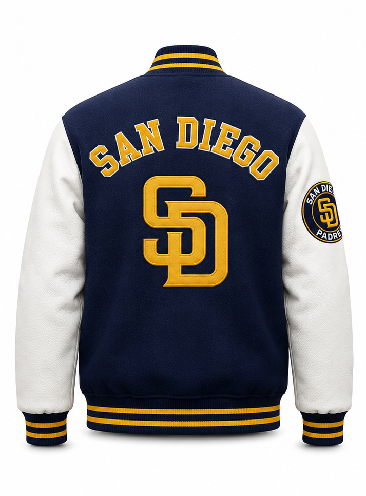 Back view of a San Diego Padres varsity jacket with navy blue body, white sleeves, and yellow lettering and stripes.