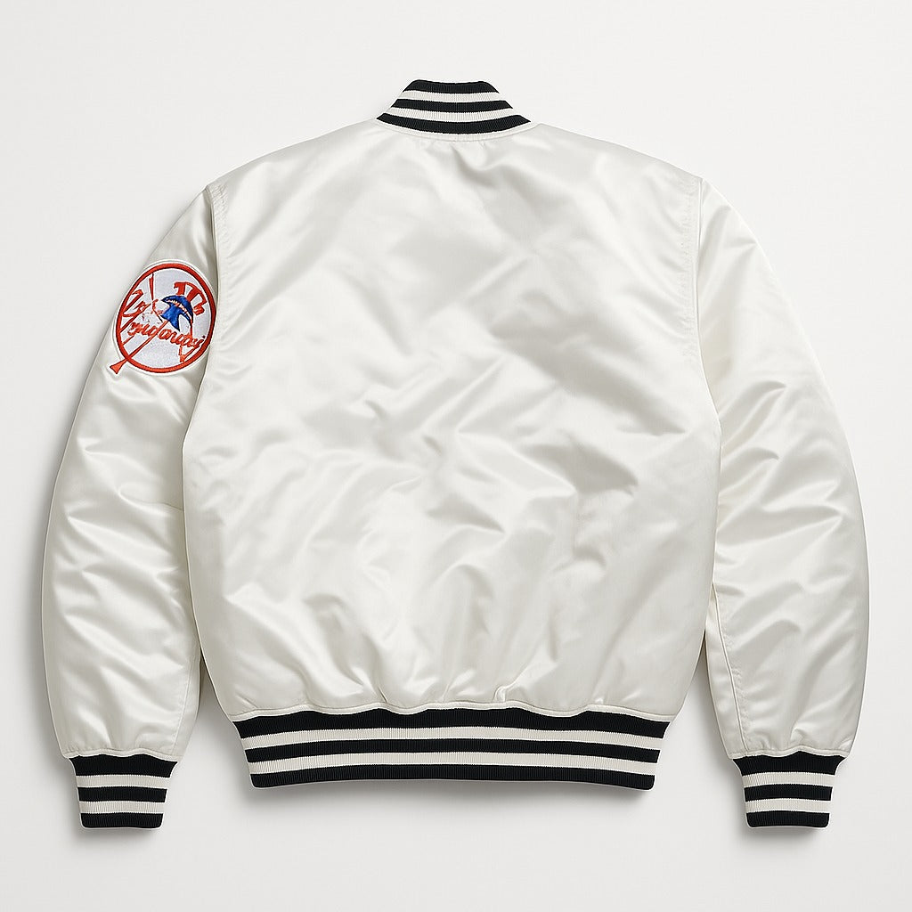 MLB New York Yankees Cream Satin Bomber Jacket for Men & Women