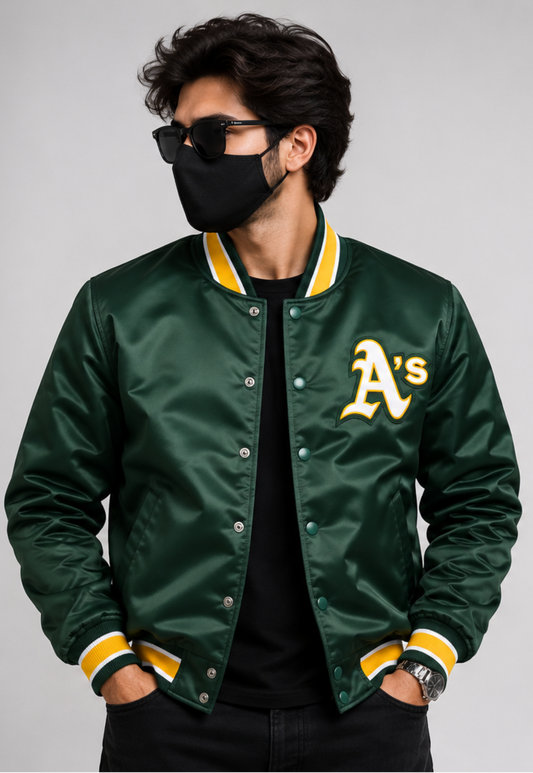 MLB Oakland Athletics Green Satin Bomber Jacket for Men & Women