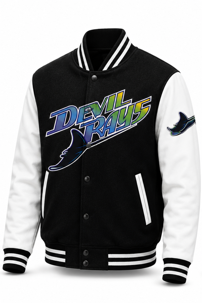 MLB Retro Tampa Bay Devil Rays Black & White Varsity Letterman Bomber Jacket for Men & Women