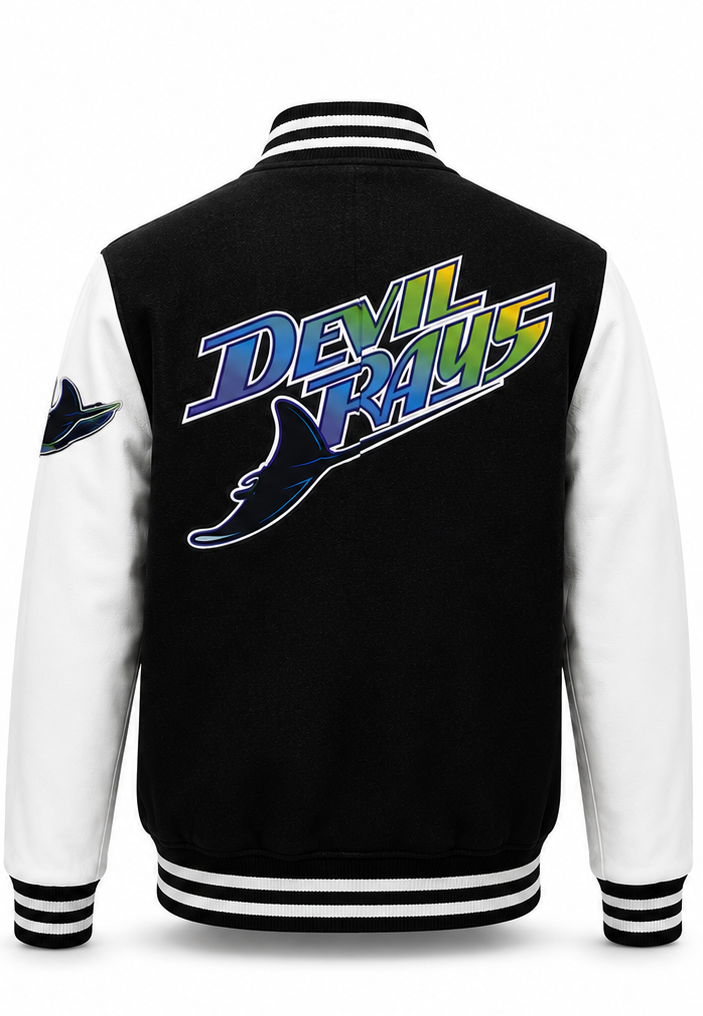 MLB Retro Tampa Bay Devil Rays Black & White Varsity Letterman Bomber Jacket for Men & Women