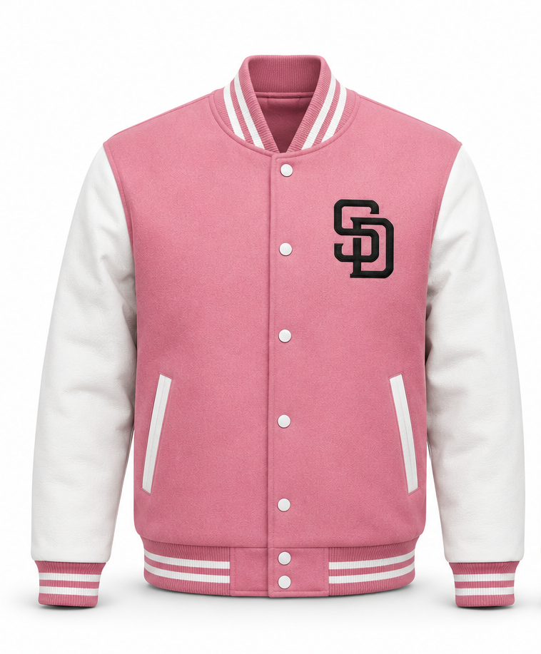 A pink and white varsity jacket with a embroidered black 'SD' logo on the left chest, featuring a pink body, white sleeves, and a pink and white striped ribbed collar, cuffs, and hem.