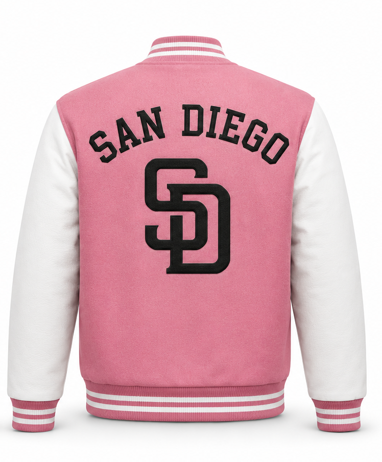 Pink and white varsity jacket shown from the back, featuring 'SAN DIEGO' and the 'SD' logo embroidered in black.
