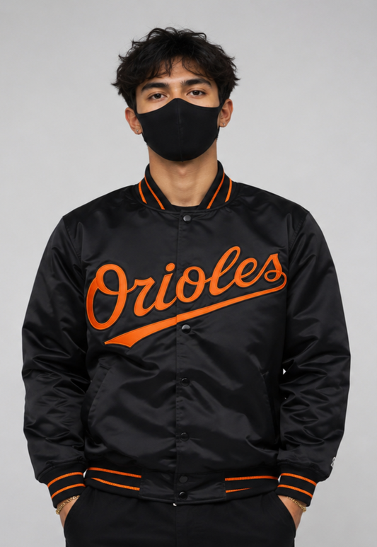 MLB Baltimore Orioles Black Satin Bomber Jacket for Men & Women