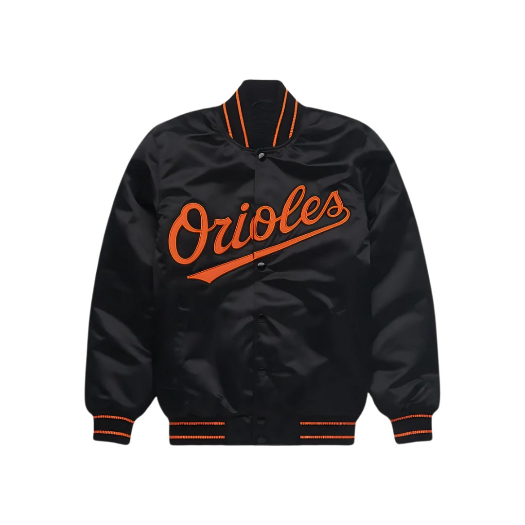 MLB Baltimore Orioles Black Satin Bomber Jacket for Men & Women