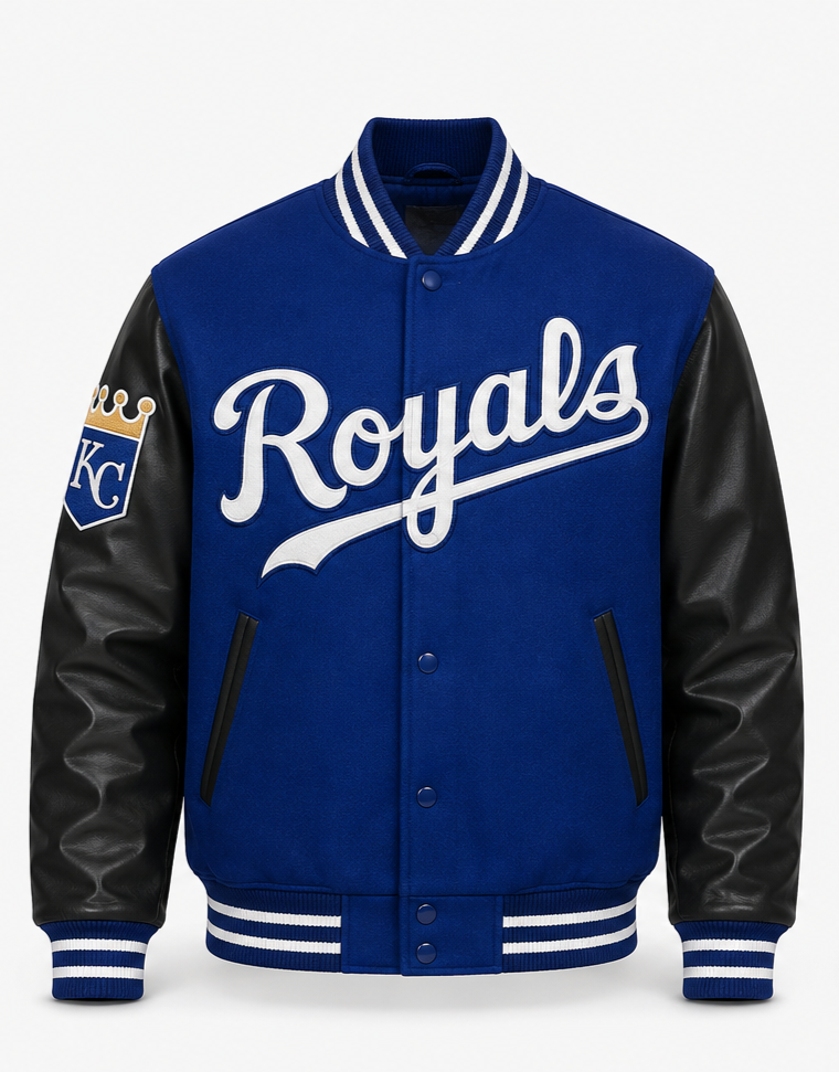 A Kansas City Royals varsity jacket with a royal blue fleece body, black faux-leather sleeves, and white 'Royals' script on the chest.