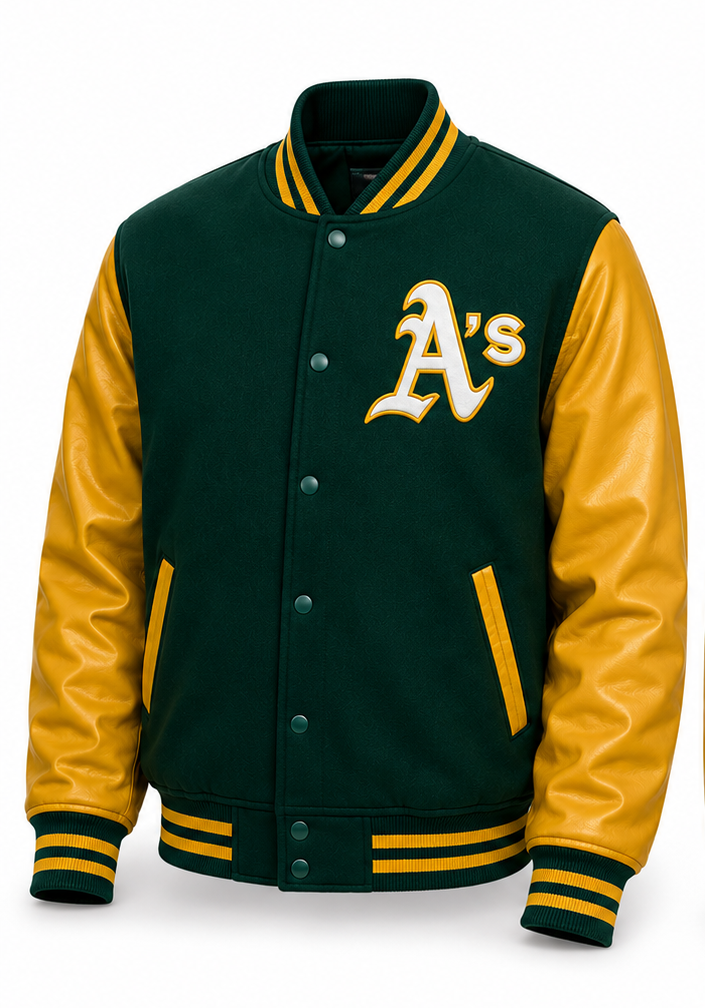 A dark green and gold varsity jacket with an Oakland Athletics 'A's' logo on the chest, featuring a snap-button front, ribbed collar, cuffs, and hem, and leather-look sleeves.