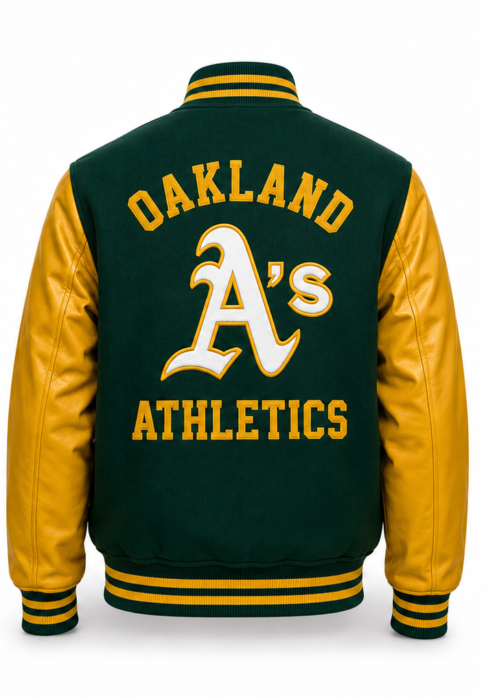 Back view of a varsity jacket with green body, gold sleeves, and 'OAKLAND A's ATHLETICS' embroidered on the back in gold and white.