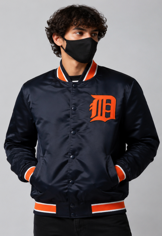 MLB Detroit Tigers Old English "D" Navy Blue Satin Bomber Jacket for Men & Women