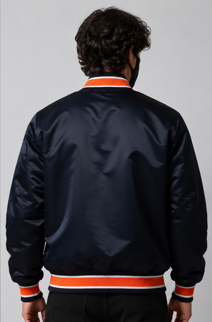 MLB Detroit Tigers Old English "D" Navy Blue Satin Bomber Jacket for Men & Women